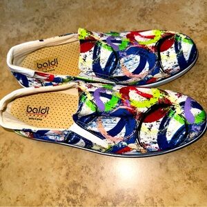 NWOT Men’s Baldi London colorful slip on sneakers canvas uppers - leather heel